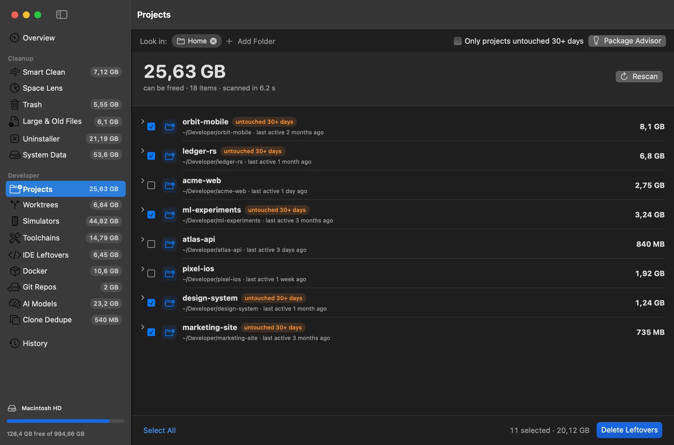 DevCleanup Projects screen listing developer projects with their rebuildable folders, sizes and last-modified dates.
