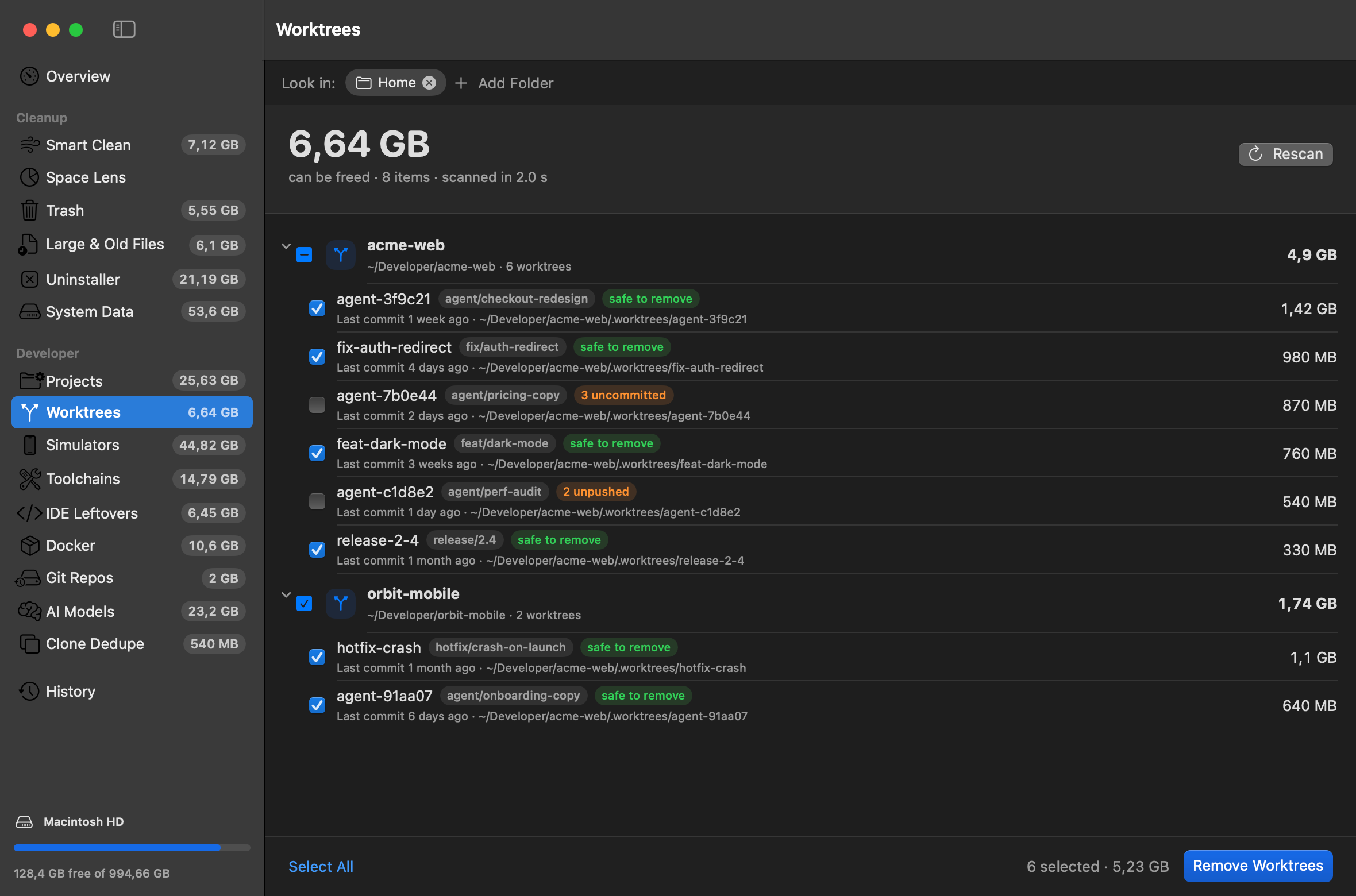 DevCleanup Worktrees screen: 6.64 GB can be freed across 8 worktrees. Agent worktrees marked safe to remove; one has 3 uncommitted changes and one has 2 unpushed commits.